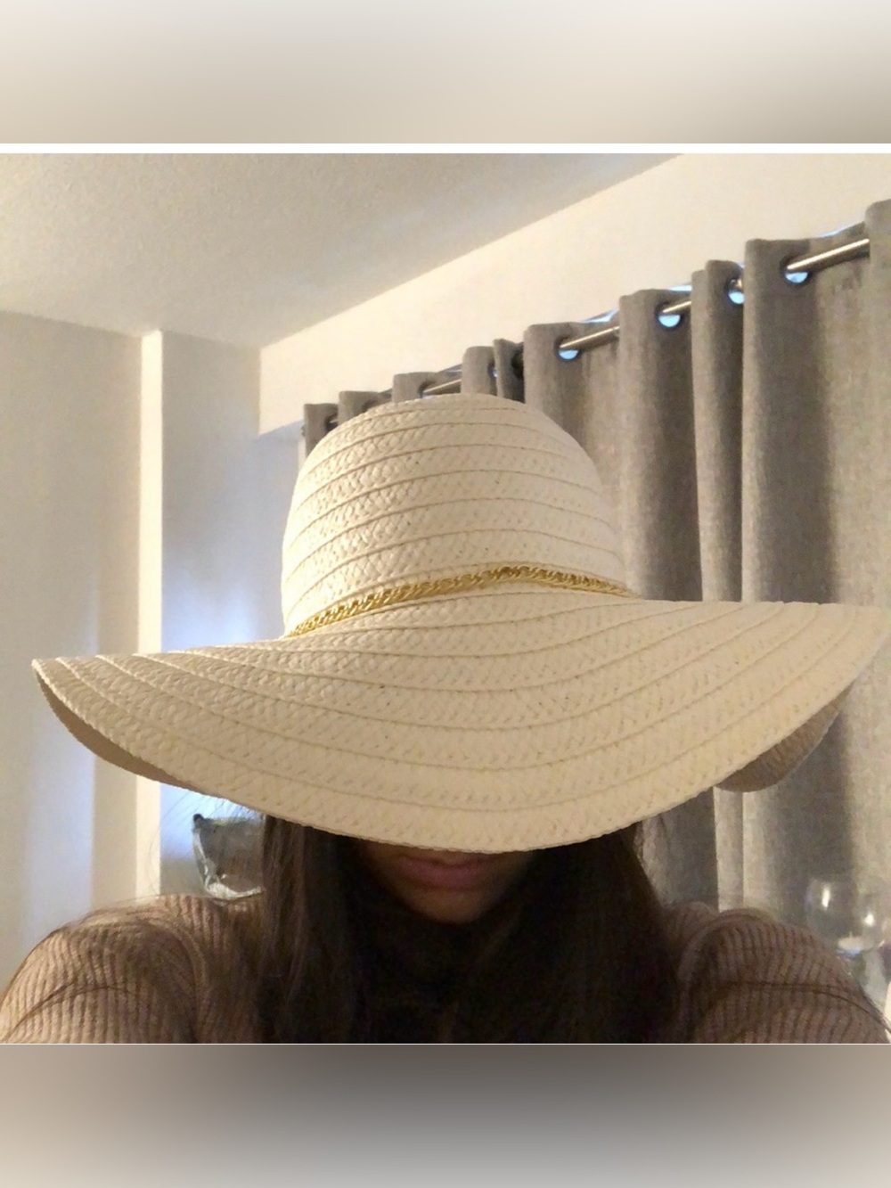Wide Brim Straw Sun Hat with Gold Accent - Cream